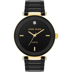 Anne Klein Black Ceramic Bracelet Watch Diamond Accent Gold Tone Womens